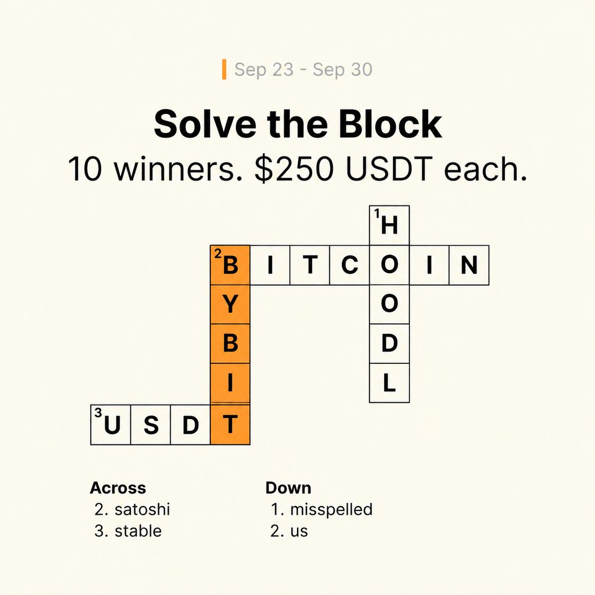 Ibrahim__Kano's tweet photo. @Bybit_Official I solved the block and found:
Across
2.BITCOIN for Satoshi
3.USDT for Stable 

Down
1.HODL for Misspelled 
2.BYBIT for Us

A simple puzzle &amp; a fun way to test my crypto knowledge

And i think the hidden message here is to fund your BYBIT account with USDT and buy BITCOIN to HODL https://t.co/PN3QjOUTRD