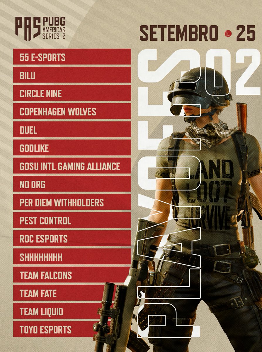 PUBGEsportsBRA's tweet photo. PLAYOFFS MODE ON! 🔛

Hoje (20h), 16 equipes entram nos Battlegrounds em busca de uma das 8 vagas para a Final 2! 🏆

👁️👁️Não perca nada do #pas2 ficando de olho nas transmissões oficiais e nas watch parties!

#pubgesports https://t.co/CQFAYGQacZ