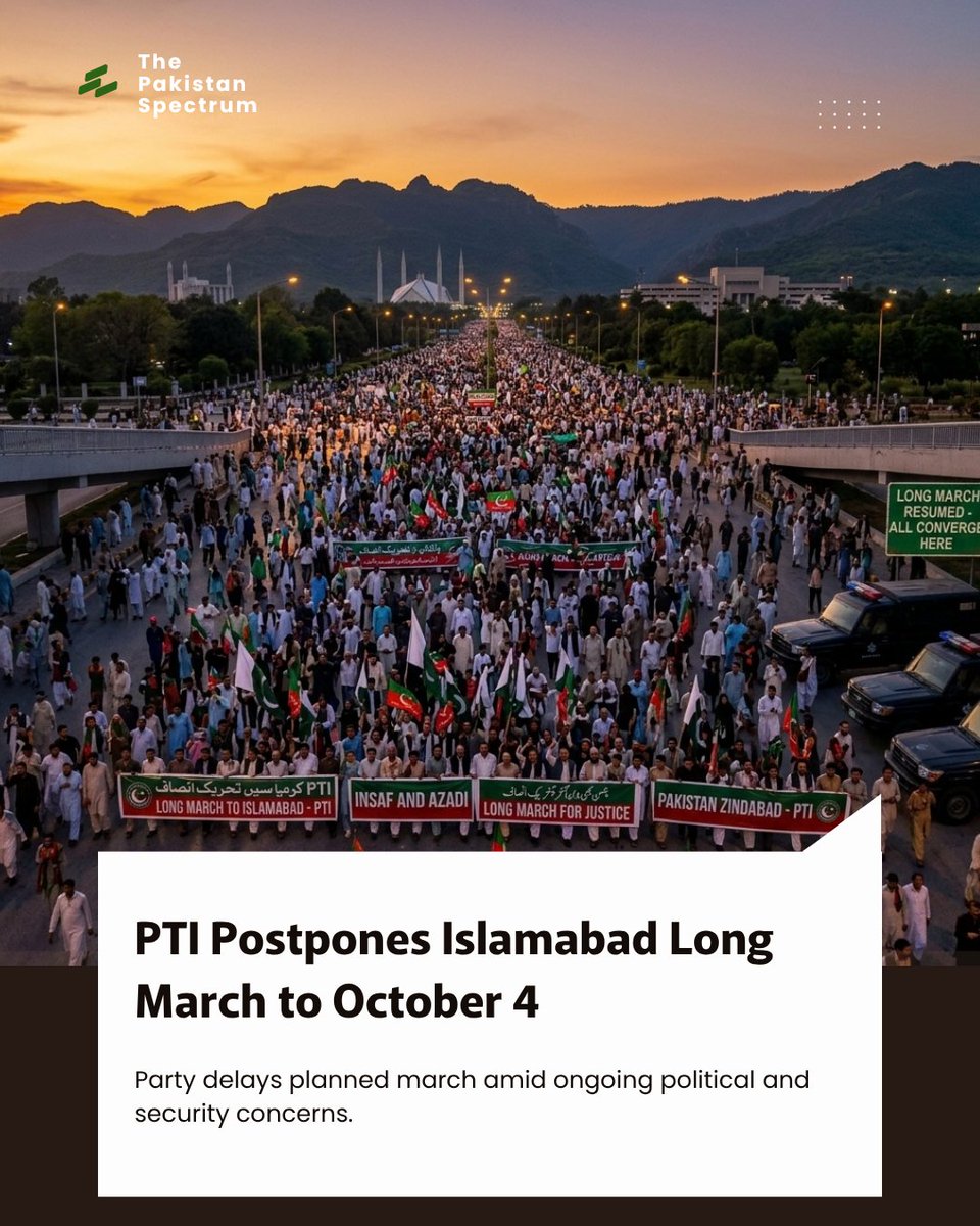 PakSpectrum92's tweet photo. PTI has formally postponed its planned Islamabad long march from September 27 to October 4, with the new march scheduled to depart from Peshawar. https://t.co/ZrC8egg5ue