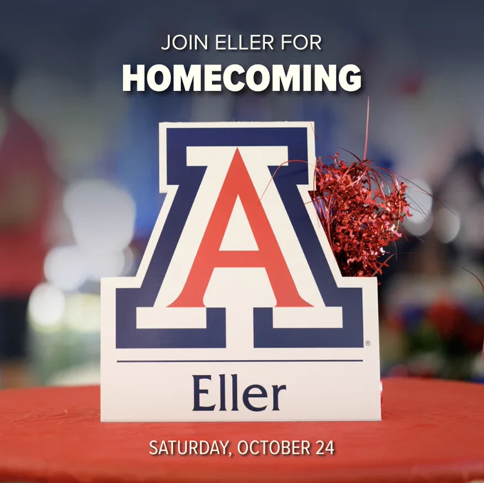 A sign with the University of Arizona logo and the word "Eller" on a red surface, decorated with red tinsel. Text above reads "Join Eller for Homecoming," and below "Saturday, October 24.