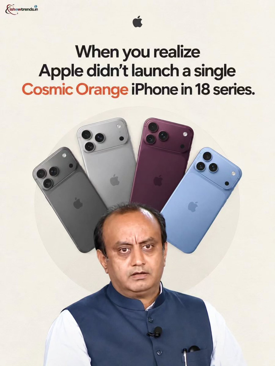 TodMccormiegk's tweet photo. Remember when Cosmic Orange was called the iPhone 17 Pro’s first-ever orange finish? One year later, it’s gone from the iPhone 18 Pro lineup—replaced by a finish the internet is already comparing to “Cockroach Janta Party. https://t.co/M2trWdyenV