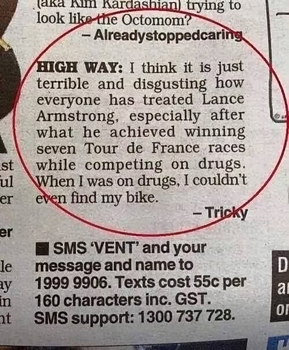 _HelenDale's tweet photo. Given Lance Armstrong is trending, it’s probably worth reminding people of this splendid bit of Australian humour. https://t.co/7rrO0f9EWI