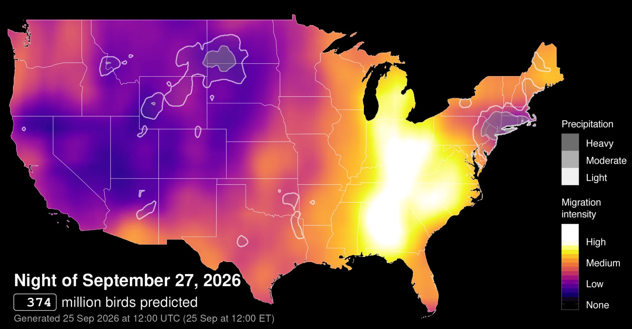 Map of the Lower 48 uses colors to indicate density of migrating birds, with a huge patch of white surrounded by yellow stretching from Michigan all the way down to Florida, indicating a high concentration of migrating birds, with other areas in orange and the Rocky Mountain region in purple, indicating a lower intensity of migrating birds present; large text on map reads ‘Night of September 27, 2026,’ and ‘374 million birds predicted.’