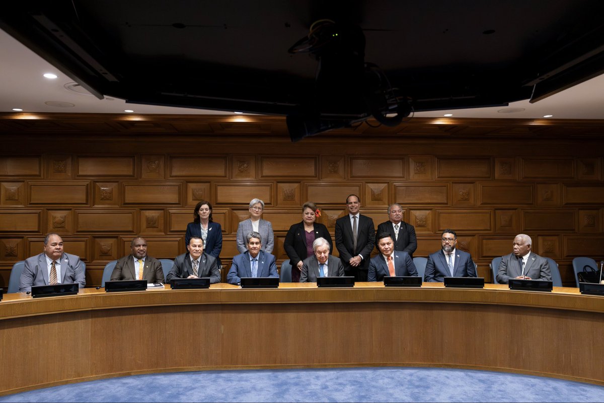 SenatorWong's tweet photo. Today I joined Pacific Islands Forum Leaders and UN Secretary-General António Guterres in New York as we work to elevate Pacific voices and priorities. In an uncertain world, Pacific regionalism helps shape a peaceful, stable and prosperous region, where sovereignty is respected. https://t.co/afL395Nl5V