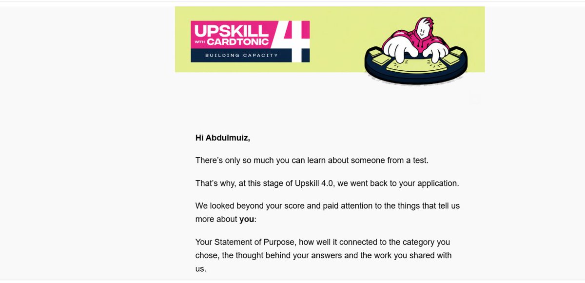 TechMizz's tweet photo. Made it to the next round of @cardtonic upskill 4.0 💪 https://t.co/yTrCrjir9o