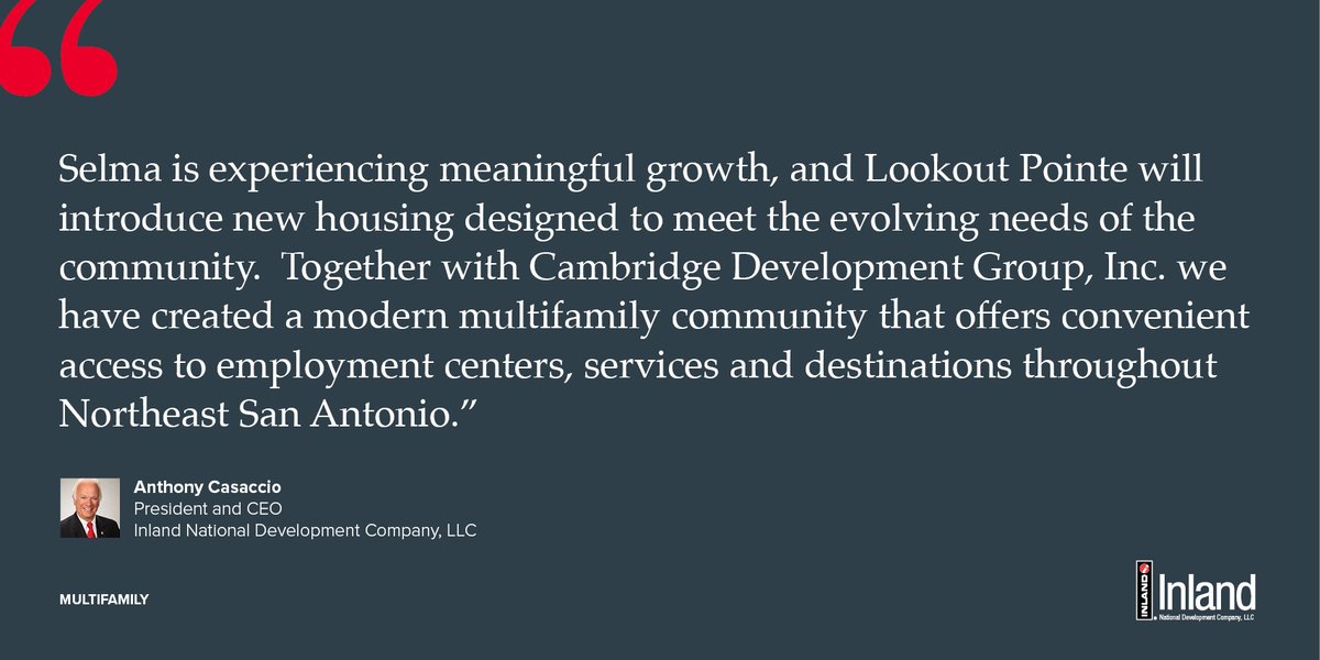 InlandGroup's tweet photo. Anthony Casaccio, president and CEO of Inland National Development Company, LLC, shares how Lookout Pointe will introduce new housing designed to meet the evolving needs of the growing Selma community. Read more from @SQX_Alts: https://t.co/6DTNZuWgF3

#Development #CRE https://t.co/2uySHUeURR