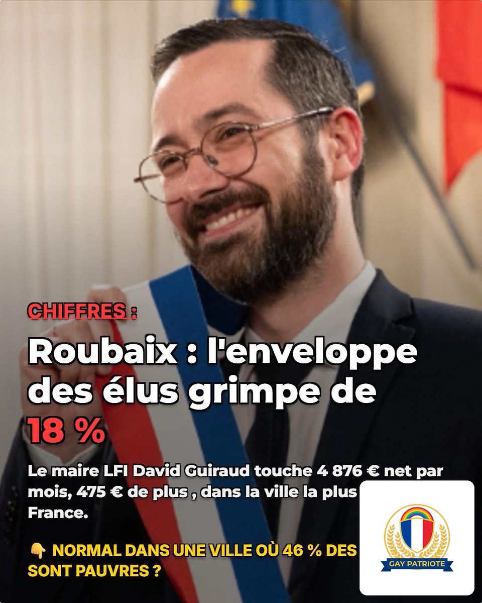 platiniumultra's tweet photo. Roubaix : ville la plus pauvre de France (46% de pauvres) mais enveloppe des élus +18% 💸
Le nouveau maire LFI David Guiraud : 4 876€ net/mois, soit +475€ vs son prédécesseur.
On nous parle de social, mais on s'augmente en premier?
Cherchez l'erreur.
#Roubaix #DavidGuiraud #LFI #GayPatriote