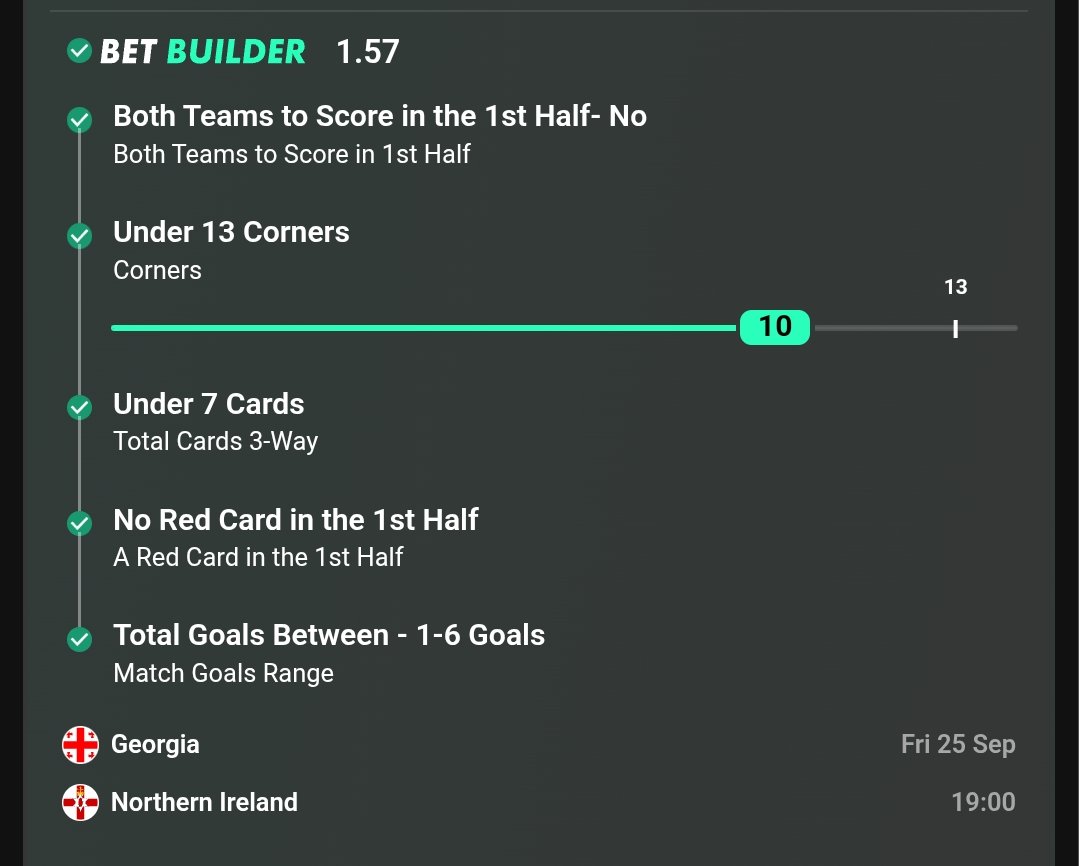 EliteProTips's tweet photo. ⚽ GEORGIA vs NORTHERN IRELAND BUILDER CASHED! 🔥✅  

All legs delivered:  

✅ No BTTS in 1st Half  
✅ Under 13 Corners  
✅ Under 7 Cards  
✅ No Red Card in 1st Half  
✅ Goals between 1-6  

Clean ticket! 💰 https://t.co/mtaS3WAzqo