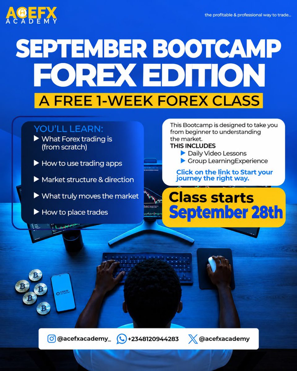 acefxacademy's tweet photo. I bring Good news to us🎉. My Forex Bootcamp starts this Monday. And guess what? 900+ people are already seated! 😳🔥

If you’ve been wanting to understand Forex but don’t know where to start, this is your chance.

It’s a FREE 1-week Forex class where you’ll learn: • Forex trading from scratch
• How to use trading apps
• Market structure & direction
• What truly moves the market
• How to place trades

Plus, you’ll get daily video lessons + a group learning experience. We’re starting Monday, September 28th.

If you want to join us, type “INTERESTED” in the comments and I’ll add you to the group. 900+ are already in. Don’t miss this one😌🤝🏾