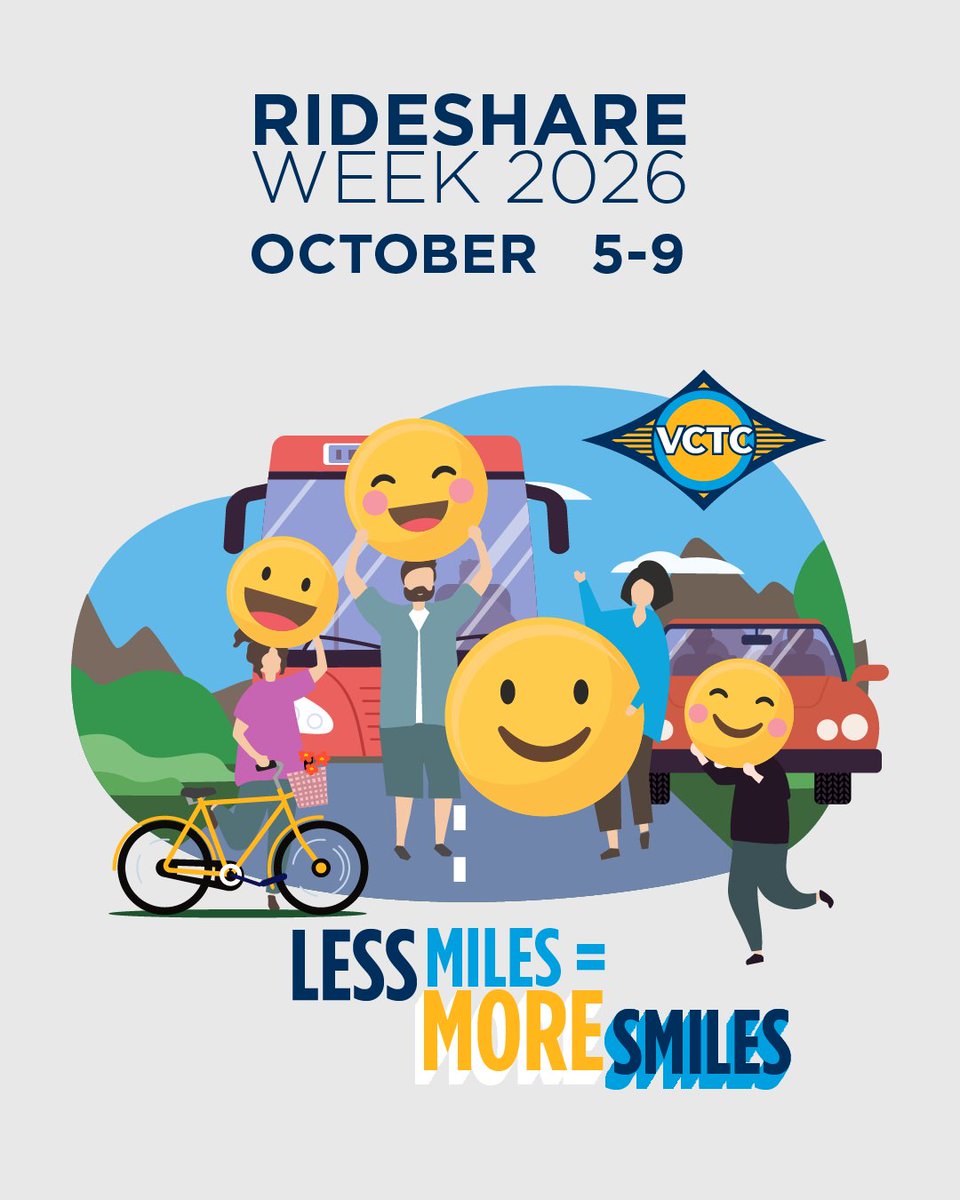 GoVCTC's tweet photo. Rideshare Week is coming October 5-9! Join the movement to reduce traffic, save money, and help the environment by carpooling, vanpooling, biking, walking, or taking the bus. Take the Rideshare Week challenge for a chance to win a prize. Learn more at https://t.co/vMZ8sTwzq6 https://t.co/S0hrIR7lIb