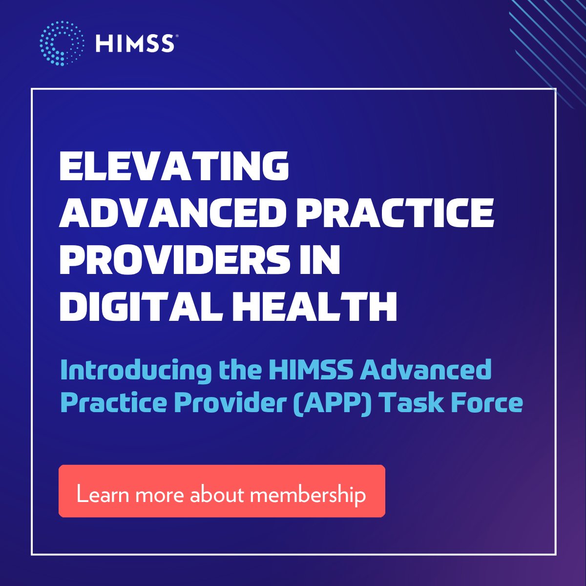 HIMSS's tweet photo. This Advanced Provider Practice (APP) Week, HIMSS is proud to launch the HIMSS Advanced Practice Provider Task Force, creating new opportunities for APPs to engage with HIMSS year-round and help shape the future of digitally enabled care.
 
Co-chaired by Rhiannon Doherty, DHA, APRN, PMHNP-BC, CHCIO, and Shanetia Avinger, DNP, MBA, MHA, APRN, FNP-C, the task force will elevate APP perspectives across HIMSS thought leadership, advocacy, resources and the HIMSS Global Health Conference.

It is another way HIMSS 365 connects members with opportunities to contribute their expertise, influence the conversation and advance health throughout the year. Learn more about HIMSS membership: https://t.co/jq5OffUNnG