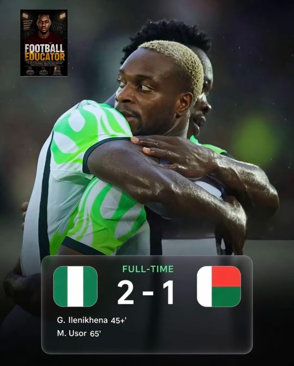 Footedu321's tweet photo. 🚨🟢Nigeria showed true champions character to turn the game around and secure a vital 2-1 victory over Madagascar and the AFCON 2027 qualifying campaign starts with maximum points as the mission begins now. 🦅💚🤍

#supereagles #naija #afconqualifiers #afcon #nigeria https://t.co/i1bdSJPDJK