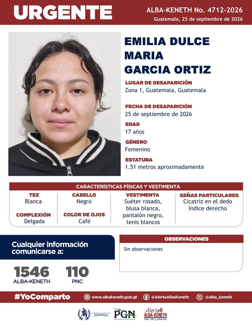 alba_keneth's tweet photo. #AlertaAlbaKeneth⚠️| Emilia Dulce Maria Garcia Ortiz de 17 años de edad. Desapareció el 25 de septiembre de 2026, en Zona 1, Guatemala, Guatemala.

🔁Comparte y ayúdanos con su localización.
📞Si tienes información llama al 1546. #YoComparto https://t.co/tCvlw7U8g5
