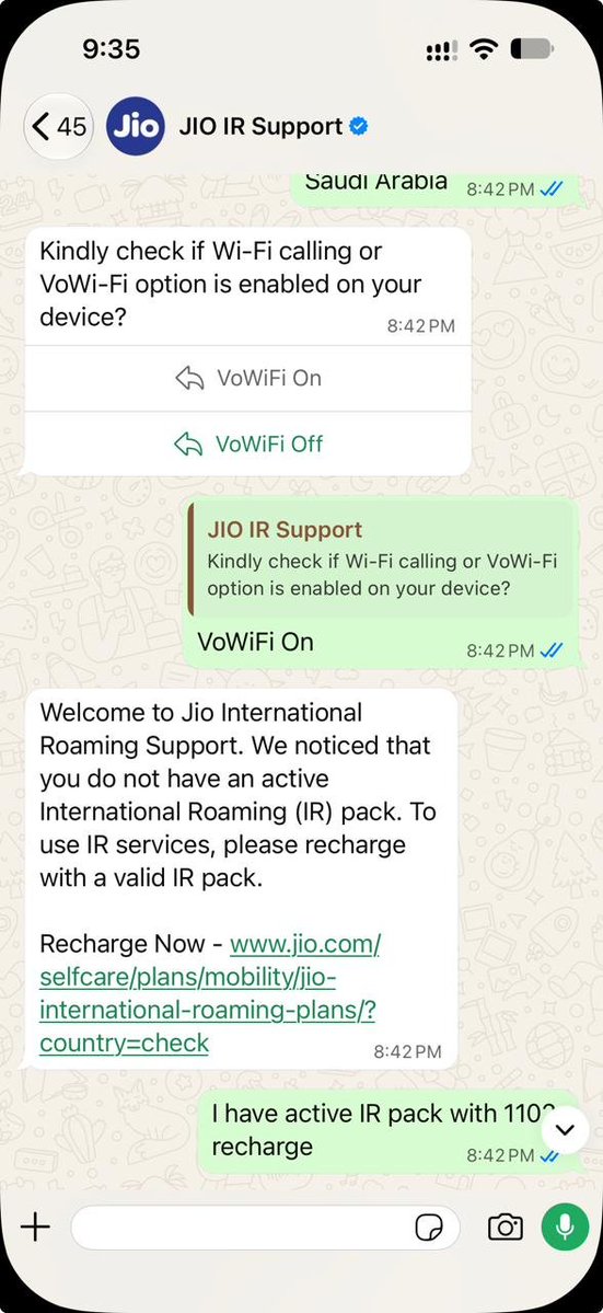 rajagopalun's tweet photo. @reliancejio @JioCare Paid ₹1,102 for International Roaming in Saudi Arabia. Calls work, but SMS doesn’t. Support keeps wrongly saying I have no IR plan and asks me to recharge again. Worst service. Once I’m back in India, I’m seriously considering leaving Jio. Bad for IR. https://t.co/W3nWfNng1J