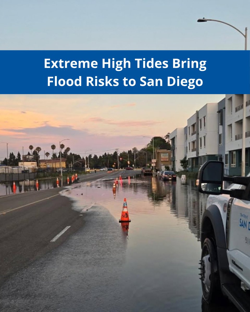 CityofSanDiego's tweet photo. Very high tides are expected this Sat–Tue and may cause temporary flooding in low-lying coastal areas like Midway and Mission Beach. With El Niño developing, experts warn of additional flooding and erosion in the months ahead. City crews will monitor areas at risk of flooding. https://t.co/Q9e7TvFlLW