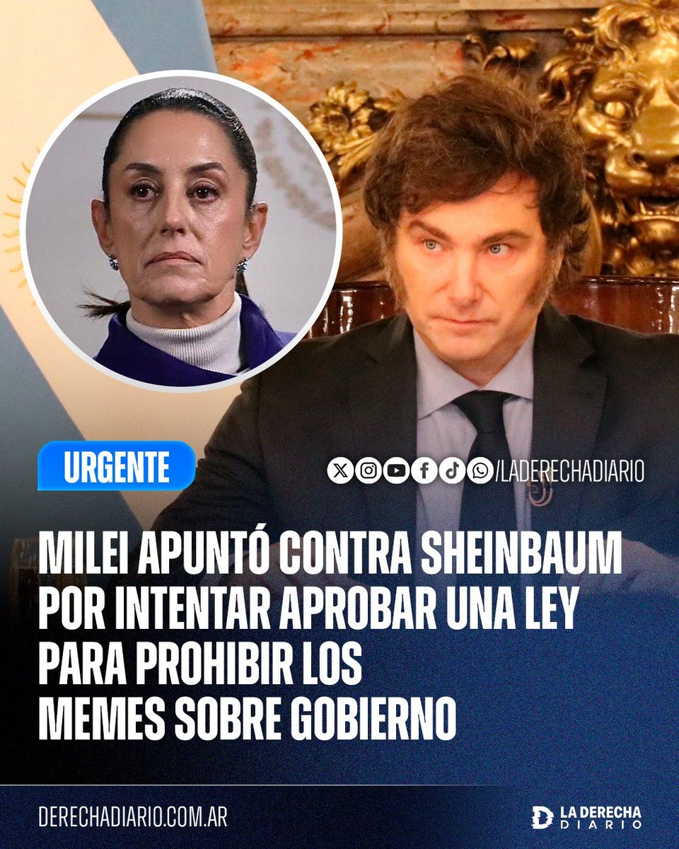 laderechadiario's tweet photo. 🚨🇦🇷🇲🇽 | MILEI APUNTÓ CONTRA SHEINBAUM POR INTENTAR APROBAR UNA LEY PARA PROHIBIR LOS MEMES CONTRA SU GOBIERNO

“El modelo de libertad de expresión por el que suspira la progresía doméstica... CIAO!”, escribió el presidente Javier Milei al compartir la noticia sobre la reforma impulsada por la narcopresidente Claudia Sheinbaum.

El proyecto contemplaba originalmente penas de entre 3 y 7 años de cárcel por determinados usos no autorizados de la identidad gráfica oficial y no incluía ninguna excepción explícita para la sátira, por lo que, en la práctica, abría la puerta a que una persona pudiera ser condenada por publicar memes o parodias políticas. El escándalo obligó al oficialismo a retroceder y modificar el texto, limitando finalmente las sanciones a usos comerciales destinados a engañar sobre el origen oficial de una comunicación.