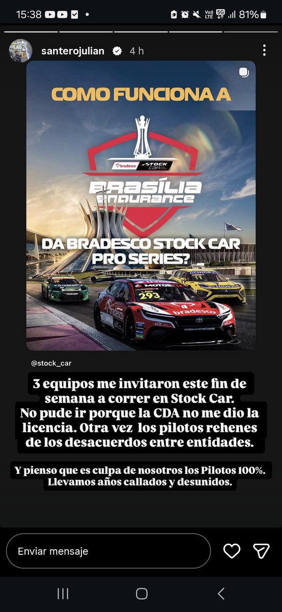 dcoronel's tweet photo. Julián Santero publicó una historia en su cuenta de IG donde afirmó que recibió invitaciones de 3 equipos del @stock_car para correr este fin de semana y que no pudo ir por no tener licencia de la CDA del ACA. El mendocino volvió a dar en la tecla: "Pienso que la culpa es de nosotros, los pilotos, 100 %. Llevamos años callados y desunidos".