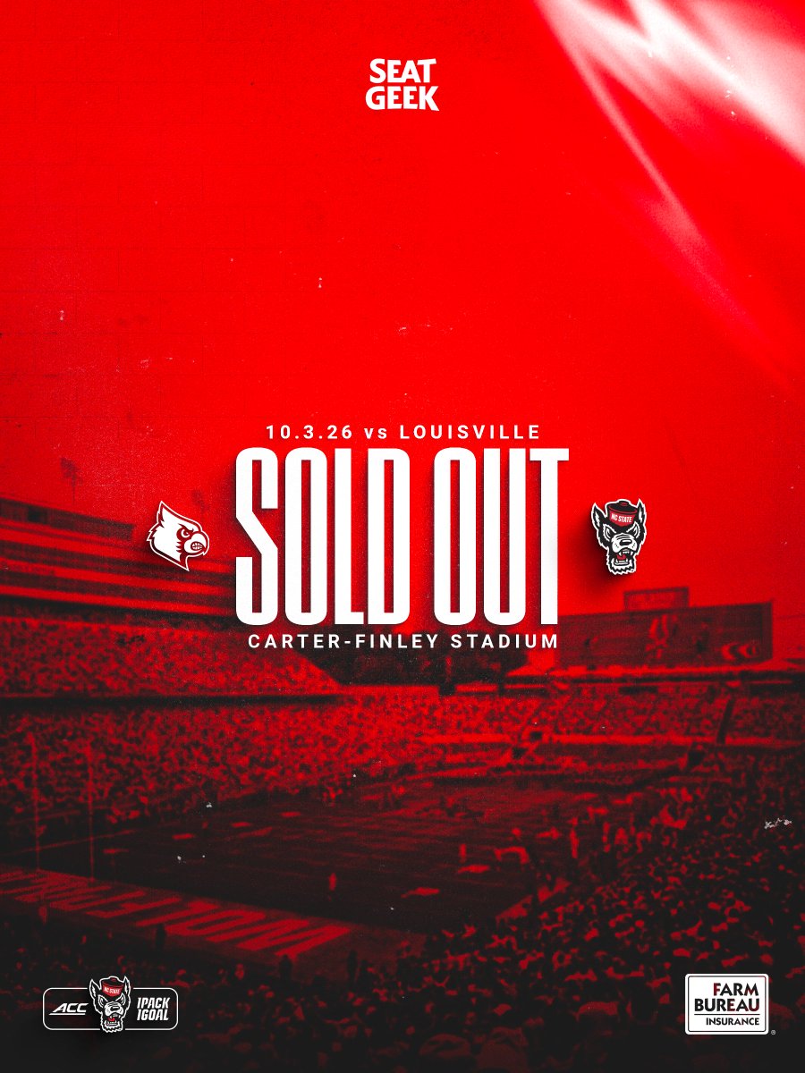 PackFootball's tweet photo. 30 STRAIGHT SELLOUTS!
NC State vs. Louisville on October 3rd is officially sold out! Limited tickets remain. Secure your spot through @SeatGeek
๐๏ธ : https://t.co/zdBeApd4Lw
๐ฐ: https://t.co/KMiXoKmY1x https://t.co/RQ90sKhvB8