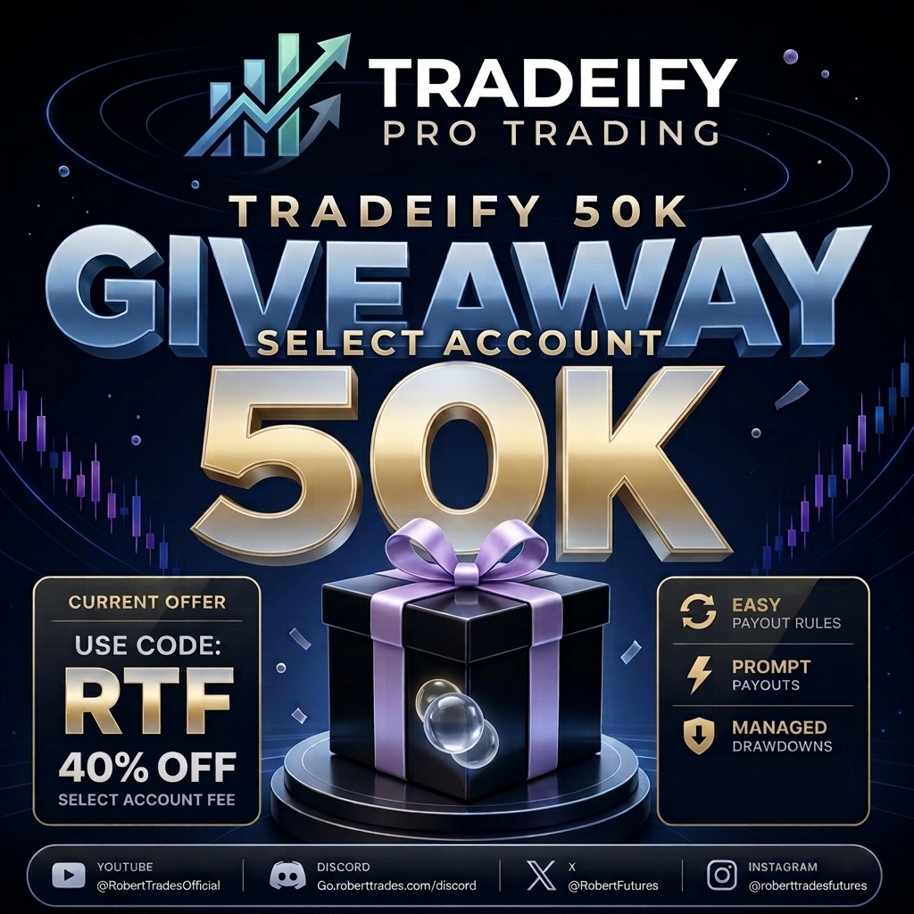 robertfutures's tweet photo. 🎁 GIVEAWAY: 1x $50K Tradeify Select account

To enter:
1️⃣ Repost this
2️⃣ Follow @robertfutures  + @tradeify
3️⃣ Comment: ES or NQ, and why is the other one wrong?

40% off first 5 accounts with code RTF at https://t.co/mcqB9hsKeQ

Winner picked 9/28 by Grok. Best answer gets a shoutout.

Find discord for more giveaways...