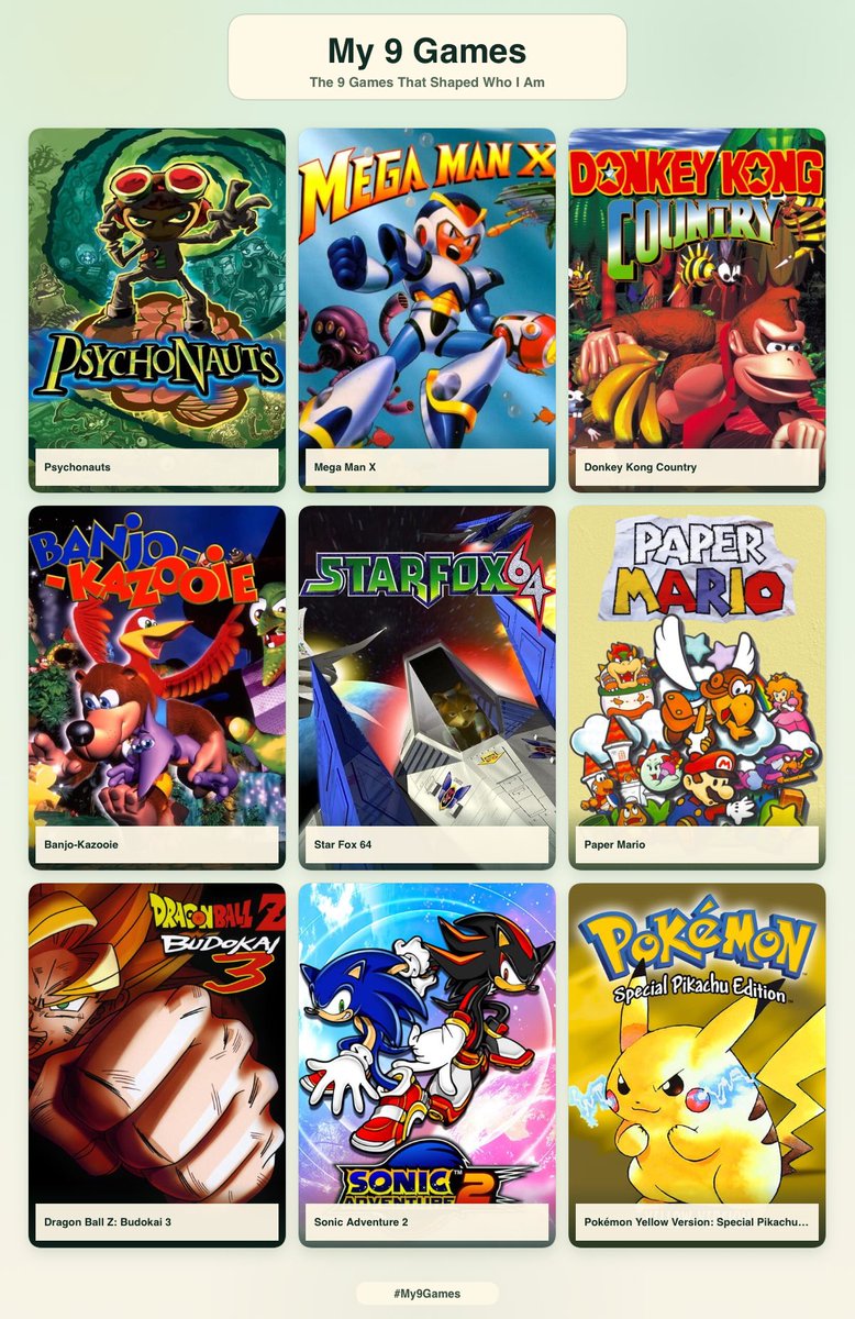 KaggyFilms's tweet photo. 9 games that shaped me… 

First game I EVER played was Donkey Kong Country thanks to my Grandma!

There are MORE games, but these were some early childhood ones that hold either hold a special place in my heart or have a VERY specific memory with them! 

I love video games 🥹 https://t.co/JnsYFjW4Dk