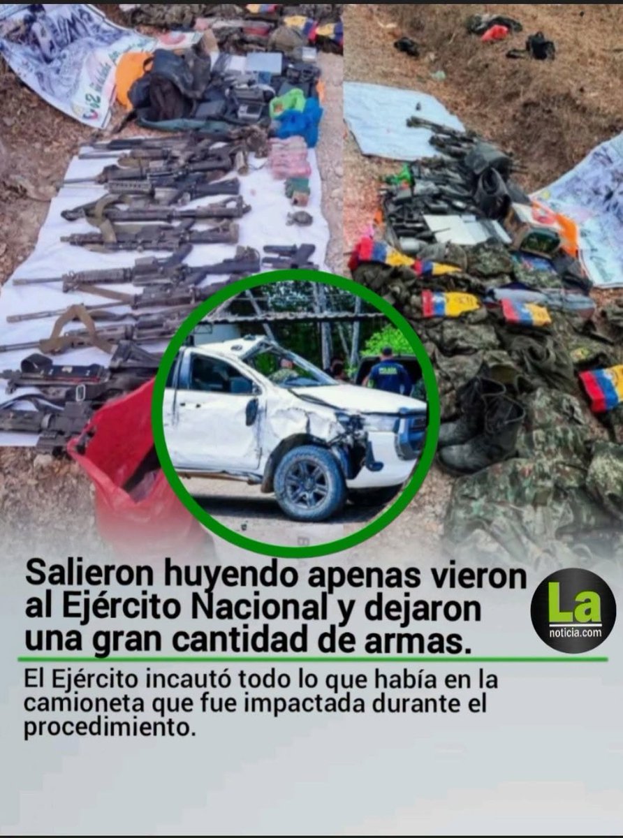 Mariano_OspinaP's tweet photo. Disidencias de las Farc huyeron apenas vieron al Ejército y dejaron tirado todo el armamento en una camioneta blanca que fue impactada por la fuerza pública.
Ejército, Policía y Fuerza Aérea incautan 11 fusiles y drones a disidencias en Chaparral.
En zona rural de Chaparral, sur del Tolima, unidades del Ejército Nacional, la Policía y la Fuerza Aérea Colombiana desarrollaron la Operación Horus, en la que fue interceptada una camioneta en la que, según las autoridades, se movilizaban integrantes del Frente Gerónimo Galeano, de las disidencias de las FARC bajo el mando de Iván Mordisco.
Durante el procedimiento, la camioneta, de alta gama, fue impactada y posteriormente terminó volcada. Sus ocupantes huyeron hacia una zona boscosa, por lo que las unidades activaron un dispositivo de reacción y búsqueda.