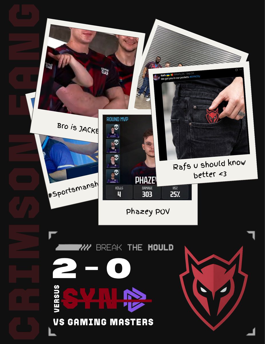 crimsonclashza's tweet photo. VICTORY IS OURS #AllRed

We take down @SynthesisENMT 2-0 in a major comeback fashion, bringing us to semis!

Cya tomorrow! ⚔️ #vsgaming https://t.co/lRHejJA64t