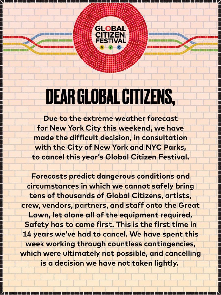 PopBase's tweet photo. Both All Things Go and the 2026 Global Citizen Festival have been canceled due to severe weather. https://t.co/9PUY2RXP8C