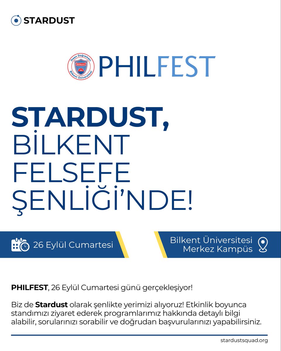 StardustSosyal's tweet photo. 26 Eylül Cumartesi (yarın) Bilkent Üniversitesi’nde ücretsiz gerçekleşecek olan PHILFEST’te olacağız. Felsefe Şenliği’ne ilgilileri bekleriz. 

Detaylı bilgi ve başvuru için : @BilkentPhilFest 

@bilkentphilsoc 
@tfnkymz https://t.co/uuTAm3gVlU