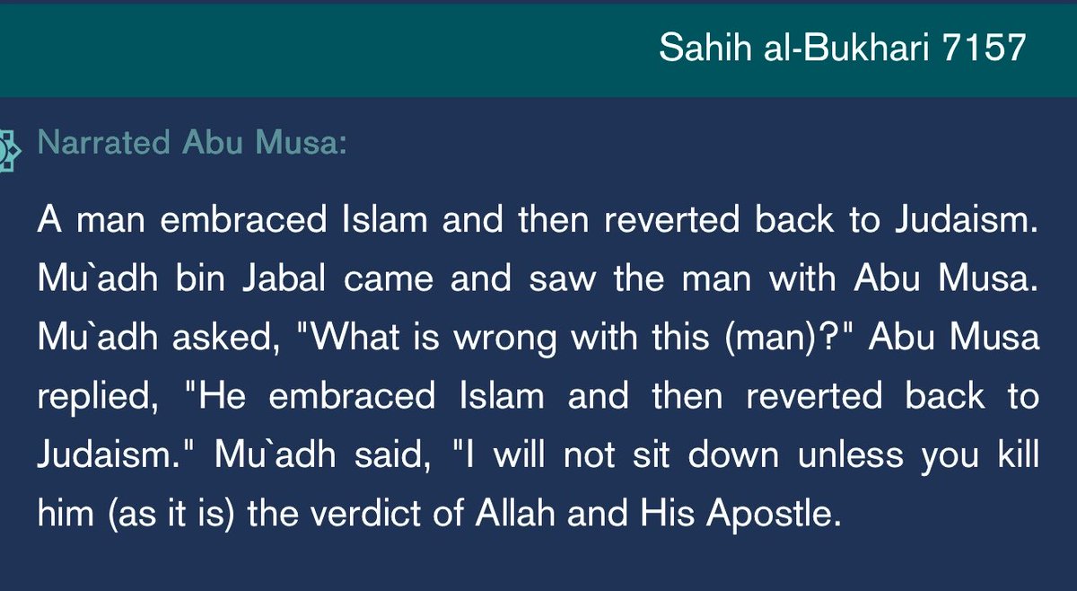 BrotherRasheed's tweet photo. A Jew became Muslim. He regretted it. He went back to Judaism.

Muhammad was alive. His governors in Yemen, Abu Musa and Mu‘adh, had the man tied. 

Mu‘adh refused to sit until they killed him. “The verdict of Allah and His Apostle.” They killed him.

Bukhari. Not a rumor.

Then they recite: no compulsion in religion.
The compulsion was not at the door. It was at the exit.