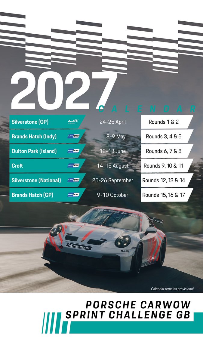 PorscheRaces_GB's tweet photo. Our provisional 2027 calendars are live! In addition to our traditional home alongside @BTCC, our championships will join @FIAWEC at @SilverstoneUK next April. 

Porsche #CarwowCarreraCupGB and #CarwowSprintChallengeGB will unite for two races on Silverstone’s full Grand Prix circuit, creating the largest Porsche grid yet 🏁

Find out more at https://t.co/h4Abpo9jS5