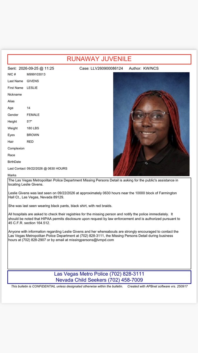 NVChildSeekers's tweet photo. Have you seen Leslie?🚨
#MissingChild #MissingKids #MissingPerson
#BringThemHome #NVChildSeekers https://t.co/qKWNfDMlOU