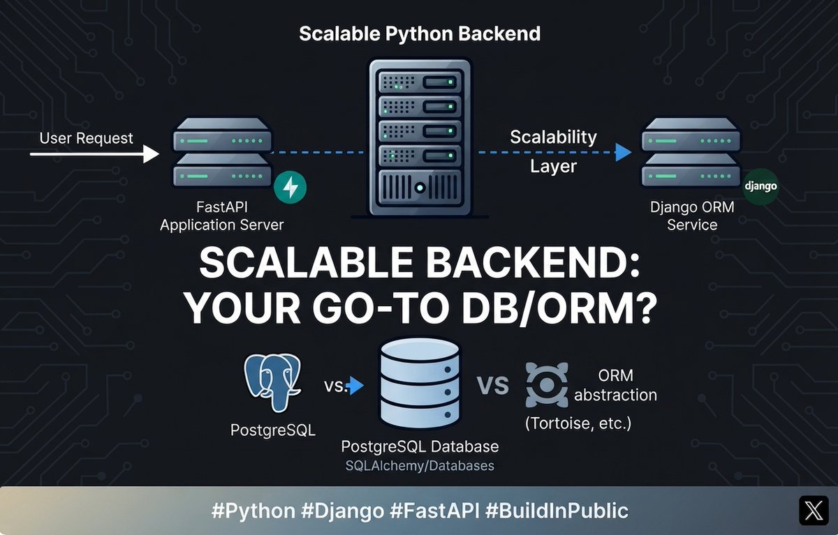 NetworkPro47578's tweet photo. Building scalable backend APIs with Django &amp; FastAPI isn't just about code—it's about handling pressure smoothly.
What's your go-to database or ORM for FastAPI? Let's discuss! 
#Python #Django #FastAPI #BuildInPublic https://t.co/Xl1JJKGXhu