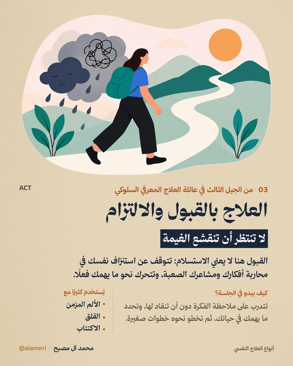 alameri's tweet photo. «جرّبت علاج نفسي وما نفع» تشبه «فصّلت ثوب عند خياط وما ضبط، يعني الثياب ما تناسبني».

العلاج النفسي أنواع وطرق، والمعالج نفسه يفرق. تجربة وحدة ما تضمن إن غيرها بيضبط، بس تعني إن الباب ما انقفل.