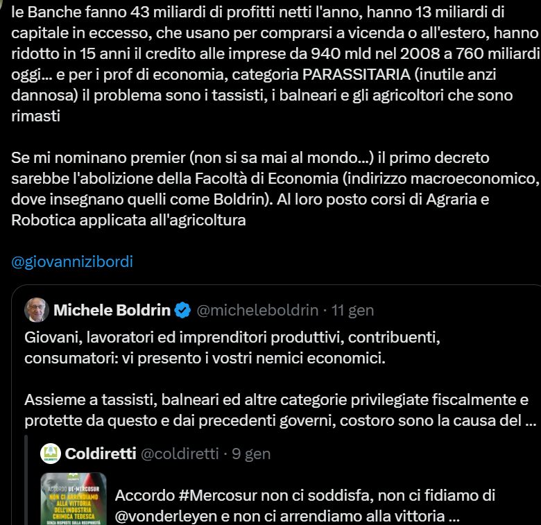 GiovanniZibordi's tweet photo. Per Boldrin, "tassisti, agricoltori e balneari sono i nemici economici", questo IN UN PAESE IN CUI IL CREDITO E' LA META' IN % DEL PIL DEGLI ALTRI PAESI OCSE, come ho spiegato persino sul Sole24ore https://t.co/cuiWQzhVqe oltre che in un centinaio di articoli vari https://t.co/5UOnavbzTS e nel libro con Hoepli del 2012
https://t.co/w4c70G3QWo

Hai in Italia un sistema bancario che eroga metà del credito della Francia e della media europea e della media OCSE. Circa 1,000 miliardi in meno se fai i conti. Anche se il ROI o rendimento sul capitale delle banche italiane è sul 12% contro una media europea sul 7%, cioè guadagnano IL DOPPIO

Ma per il prof di economia "tassisti, agricoltori e balneari sono i nemici economici"