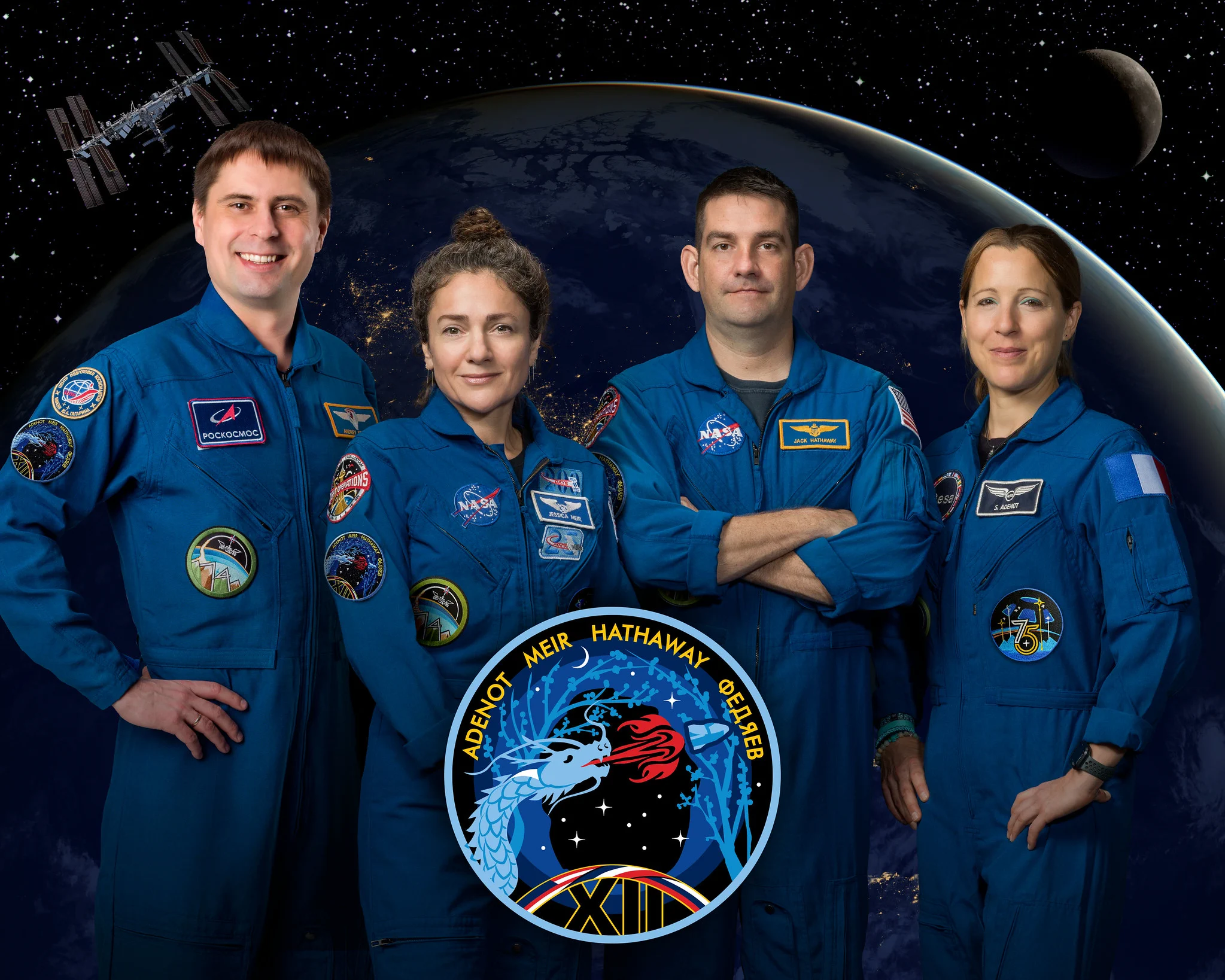 NASA's SpaceX Crew-12 members aboard the International Space Station are (from left), Roscosmos cosmonaut Andrey Fedyaev, NASA astronauts Jessica Meir and Jack Hathaway, and ESA astronaut Sophie Adenot.