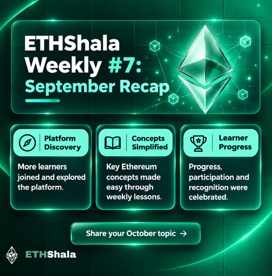 Its_EthShala's tweet photo. ETHShala Weekly 📚 

September recap: features explored, Ethereum concepts simplified, colleges invited &amp; learner progress celebrated. 

What should ETHShala teach in October? Reply with one topic. https://t.co/HMIie4HPpI