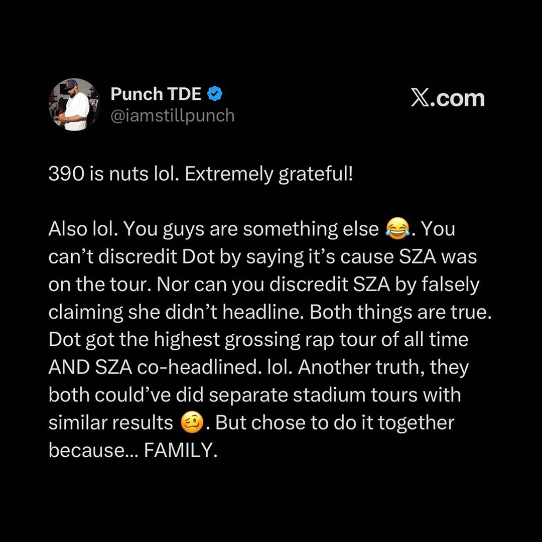 HotNewHipHop's tweet photo. TDE's Punch reacts to the "Grand National Tour" grossing over $390 million, saying that Kendrick Lamar & SZA could've done separate stadium tours and still had similar results:

"Dot got the highest grossing rap tour of all time AND SZA co-headlined."

"They both could've did separate stadium tours with similar results 🥴. But chose to do it together because… FAMILY."