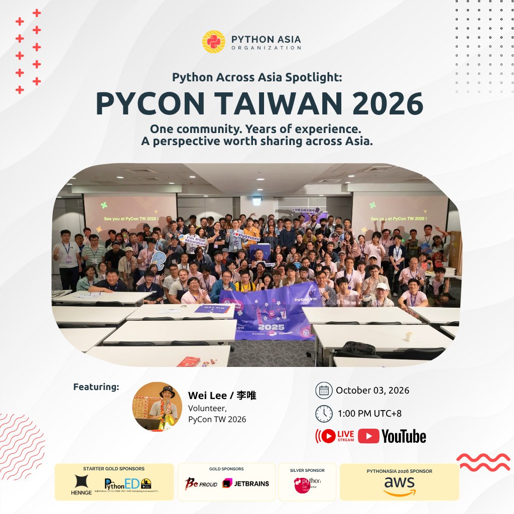 PythonAsiaOrg's tweet photo. Meet the community behind @PyConTW  🇹🇼

Join Wei Lee on #PythonAcrossAsia Episode 2 and hear what communities across the region can learn from each other.

🎙 Oct 3 · 1 PM UTC+8 · YouTube

Then join PyCon Taiwan in Taipei:
📅 Oct 17–18
🎟️ https://t.co/miVbXYGmKi https://t.co/piBZwbjhre