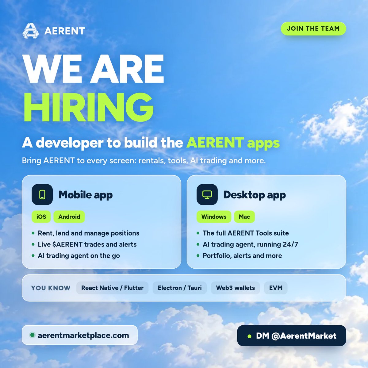 AerentMarket's tweet photo. We’re hiring. AERENT is looking for a developer to build our apps.

Mobile app for iOS and Android: rent, lend and manage positions, follow live $AERENT trades, get alerts, and use the AI trading agent on the go.

Desktop app for Windows and Mac: the full AERENT Tools suite, the AI trading agent running 24/7, and portfolio tracking, alerts and more.

Experience with React Native or Flutter, Electron or Tauri, Web3 wallets and EVM chains is a big plus.

Want to build the future of AERENT with us? DM @AerentMarket or Drop a comment below with your portfolio or GitHub,