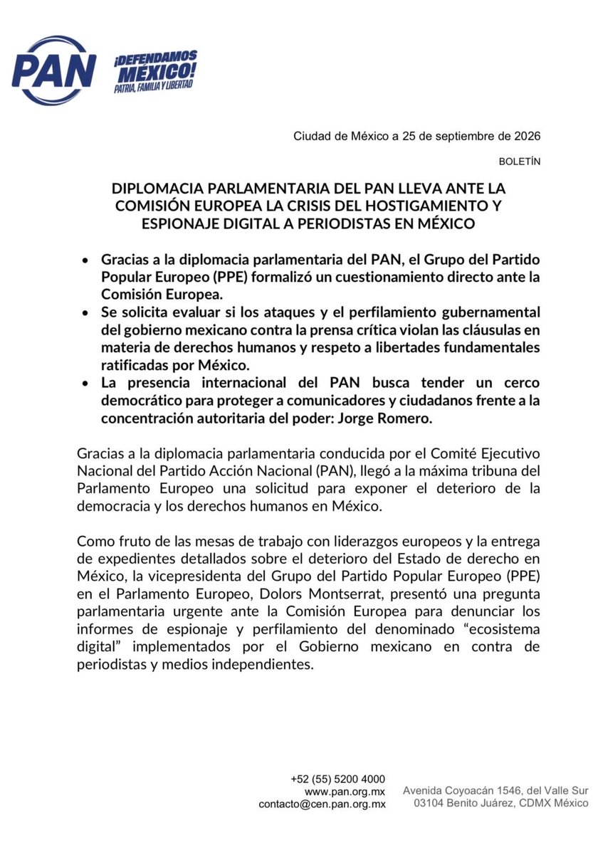 AccionNacional's tweet photo. Logramos que Europa voltee a México por los casos de hostigamiento y espionaje contra periodistas en nuestro país. Las amenazas contra la libertad de expresión en México ya están bajo la mirada internacional. https://t.co/2AbxiuVjWW