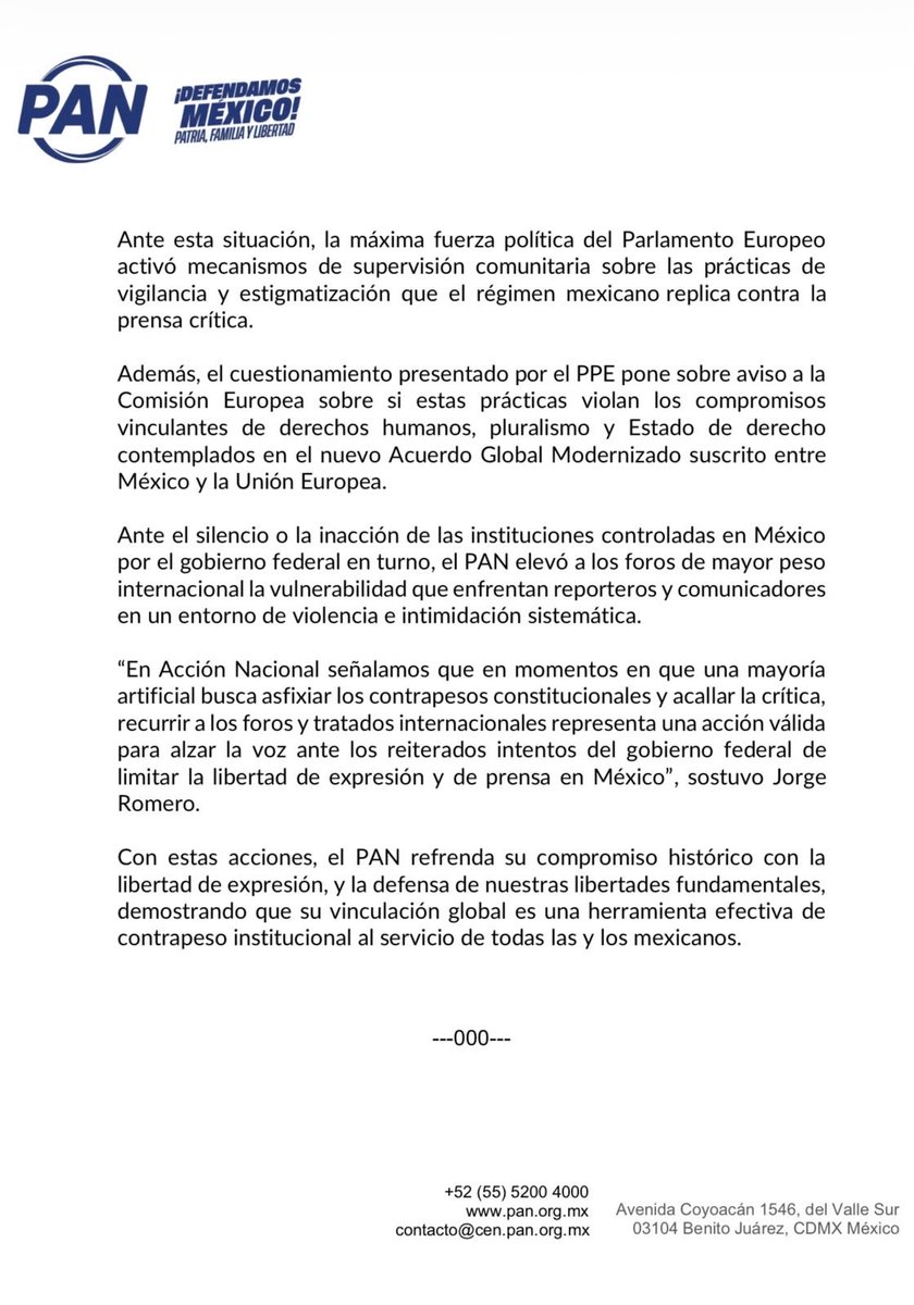 AccionNacional's tweet photo. Logramos que Europa voltee a México por los casos de hostigamiento y espionaje contra periodistas en nuestro país. Las amenazas contra la libertad de expresión en México ya están bajo la mirada internacional. https://t.co/2AbxiuVjWW