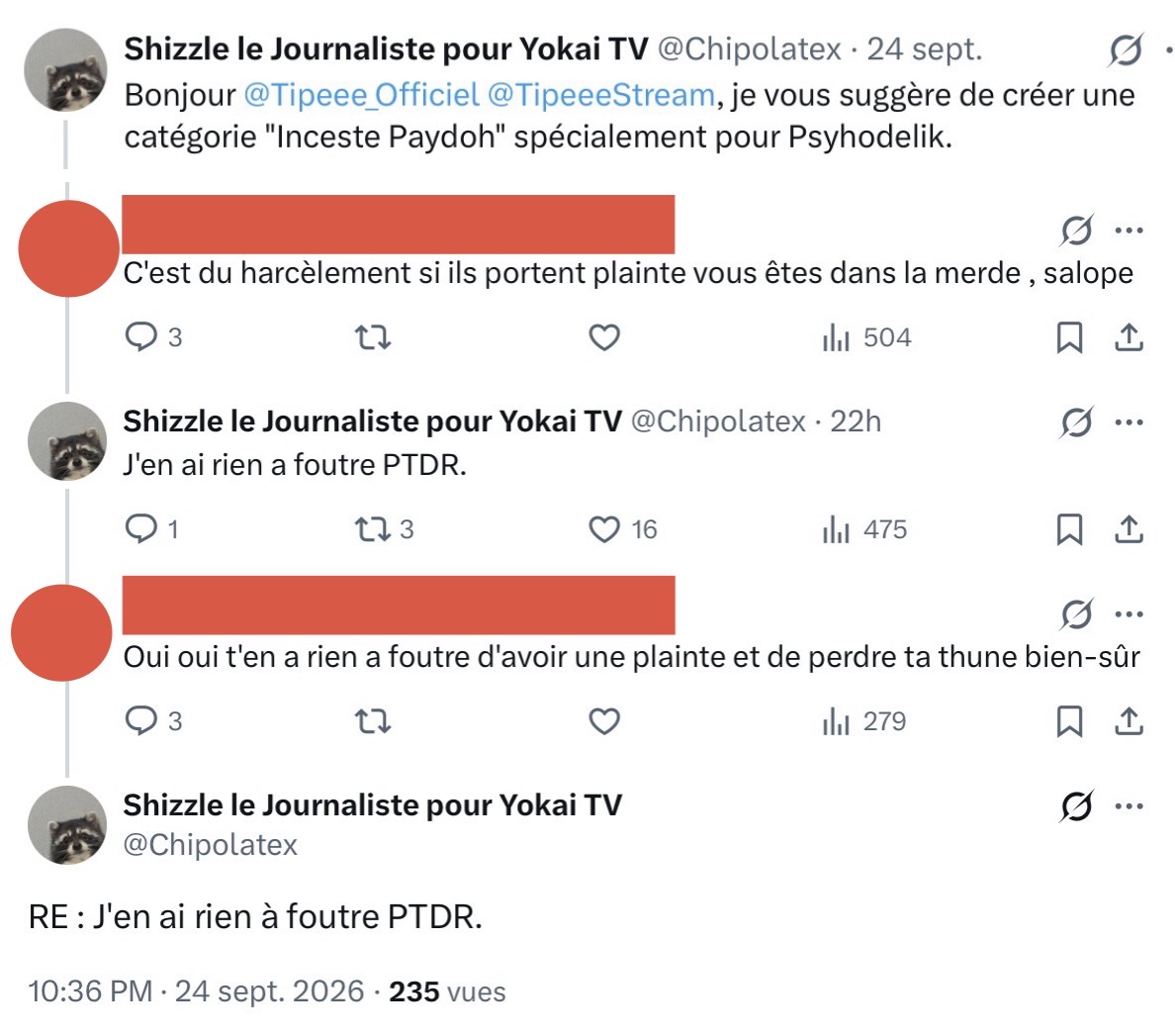 ShizzleTruth's tweet photo. #HarcèlementShizzle Face à des accusations de harcèlement envers @Psyhodelikus qu’il qualifie d’inc*stu3ux et de p3d°ph*l3, ainsi que d’une potentielle plainte contre lui, Shizzle répond qu’il n’en a ''rien à f°utr3'', 24 Septembre 2026 https://t.co/bseJ7KgWv3