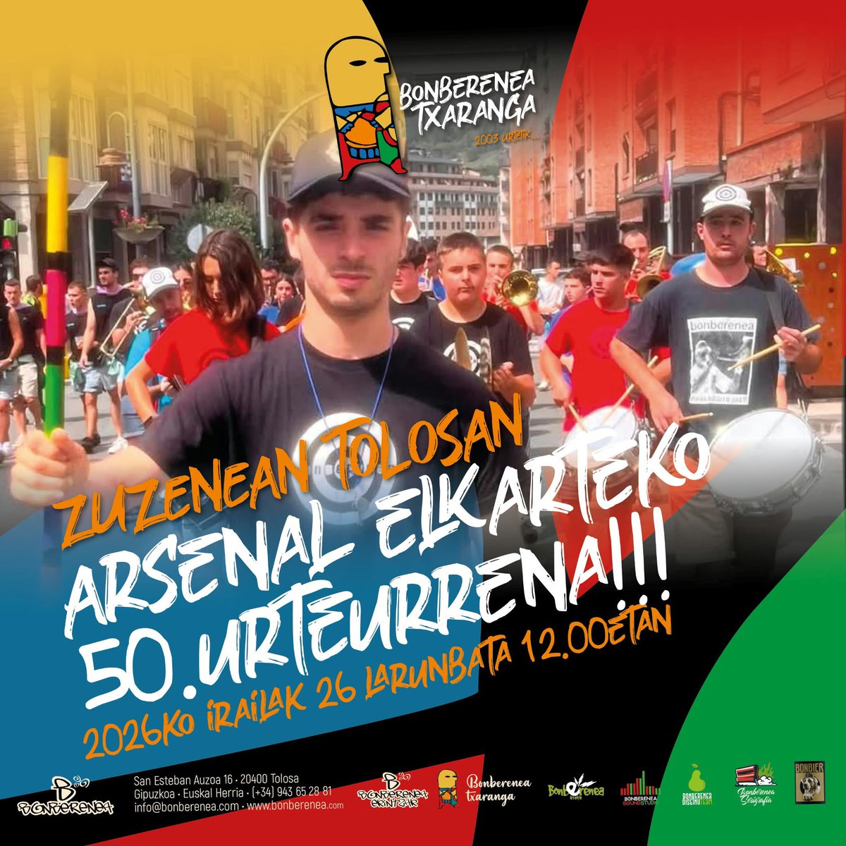 Bonberenea's tweet photo. BONBERENEA TXARANGA-k aurkezten du:50.Arsenal elkartearen urteurrena!!!2026ko irailak 26 larunbata 12.00etatik aurrera!!!Tolosako Izaskun auzoa!!!adi egon!!!

bonberenea txaranga 2003.urtetik…

https://t.co/uVsesxzG5j https://t.co/TOtRP9p2ud
