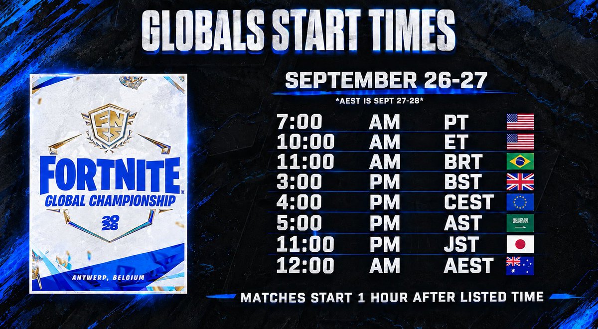 issafrosty's tweet photo. START TIMES FOR FNCS GLOBALS FOR EVERY TIMEZONE 🏆👀 

GONNA BE CINEMA THIS WEEKEND BRUDDAS BE THERE🔥 https://t.co/Mfng40nRTX