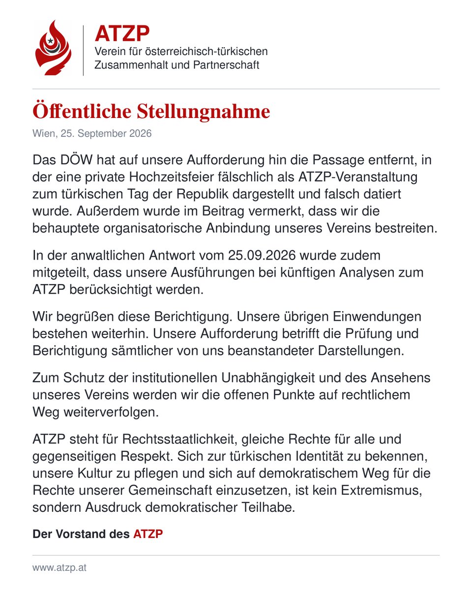 ATZP_'s tweet photo. Öffentliche Stellungnahme zum DÖW-Beitrag

Nach Ablauf der in unserem Schreiben gesetzten 14-tägigen Frist informieren wir die Öffentlichkeit über die vorgenommenen Berichtigungen, unsere weiterhin bestehenden Einwendungen und die nächsten rechtlichen Schritte.
#ATZP #doew #wien https://t.co/SlKap3Yh03