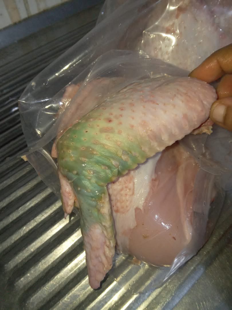 iamzioraa's tweet photo. Guys what did you think can cause this greenish on a fresh chicken? Is it safe to consume or not? https://t.co/XYN40JeeHB