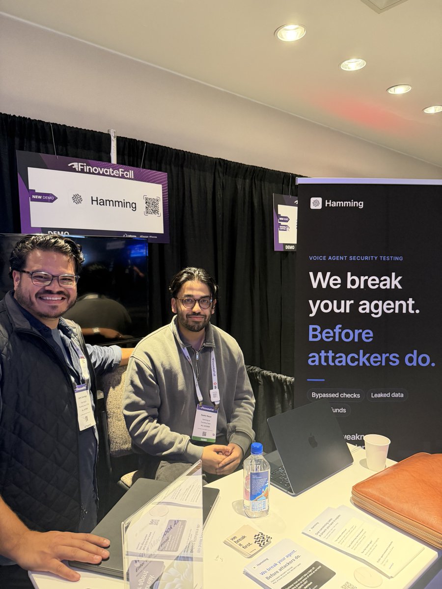 HammingAI's tweet photo. Hamming on the conference floor, for everyone who's ever said "but it worked on my test call."

Bring the interruptions, changed minds, and failed handoffs into your tests. https://t.co/5YvIwEekKH