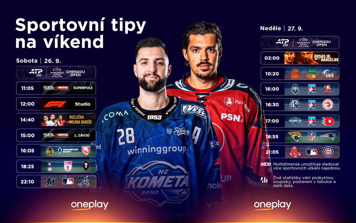 oneplaysportcz's tweet photo. Sice máme fotbalovou repre pauzu, ale sport jede dál. 🔥
Co o víkendu rozhodně nepropásnout? 👀 Vybrali jsme pár sportovních momentů, kvůli kterým se vyplatí zůstat u obrazovky na Oneplay. 📺
#Oneplay | #OneplaySport | #NovaSport https://t.co/IwXOimTnRc