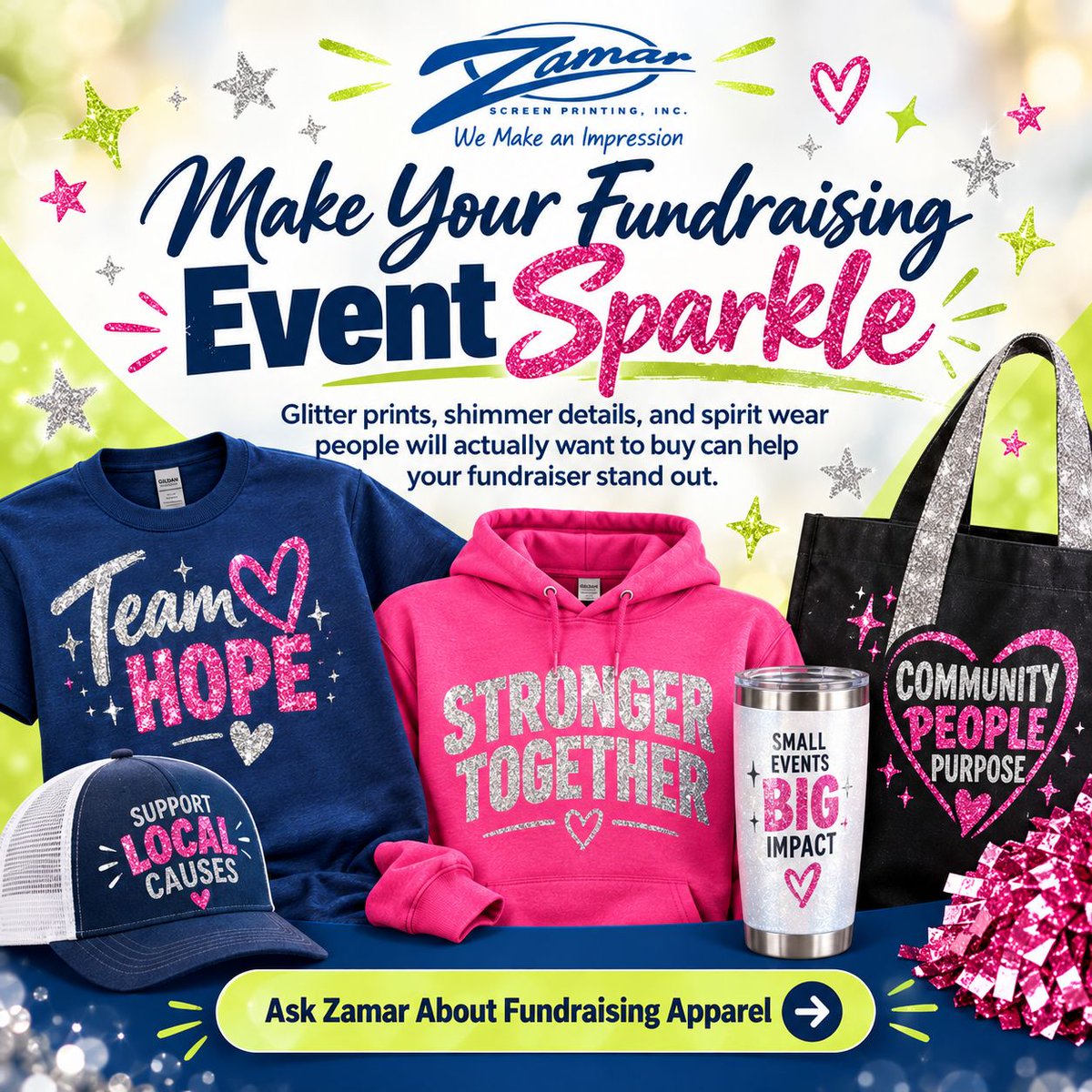 ZamarSuzanne's tweet photo. ✨ Make your fundraising event sparkle.

#ZamarScreenPrinting can help you build a fundraiser collection that feels fun, useful, and worth buying.

#FundraisingIdeas #FundraisingApparel #CustomApparel #GlitterPrint #SpiritWear #CauseMarketing #CommunityFundraiser https://t.co/aX78OO0C2g
