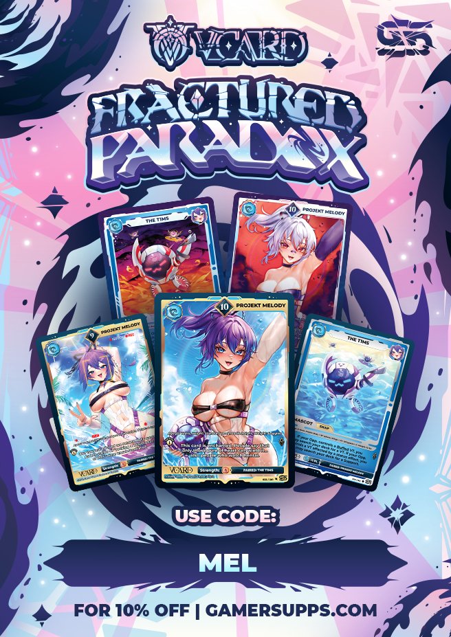 ProjektMelody's tweet photo. 🫪 I just lost my #VCARD. Think you can find it? Lol --- but fr, I've just joined the indie vtuber @VCardTCG!  

Finally, my donk ass is collectable. And you can find me in the newest collection: ✨Fractured Paradox! ✨ 

10% OFF:  https://t.co/kbDFpVZt3c

(THX @GamerSupps) https://t.co/eXcPTjzK30